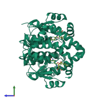 Homo dimeric assembly 3 of PDB entry 3ik9 coloured by chemically distinct molecules, side view.