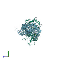 PDB entry 3ika coloured by chain, side view.