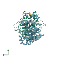 PDB entry 3ikb coloured by chain, side view.