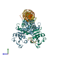 PDB entry 3ikt coloured by chain, side view.