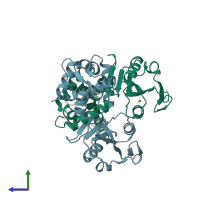 PDB entry 3ikv coloured by chain, side view.