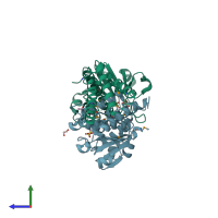 PDB entry 3ilk coloured by chain, side view.