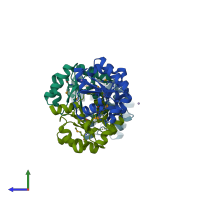 PDB entry 3ilm coloured by chain, side view.