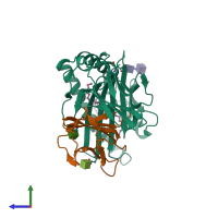 PDB entry 3ilq coloured by chain, side view.