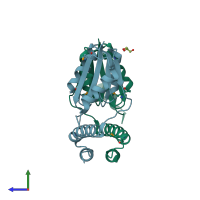 PDB entry 3ilx coloured by chain, side view.
