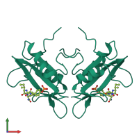 Homo dimeric assembly 1 of PDB entry 3in8 coloured by chemically distinct molecules, front view.