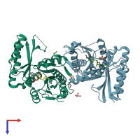 PDB entry 3iod coloured by chain, top view.