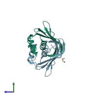 PDB entry 3ir3 coloured by chain, side view.