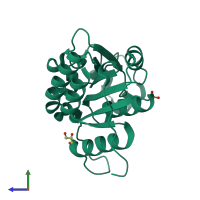PDB entry 3irv coloured by chain, side view.