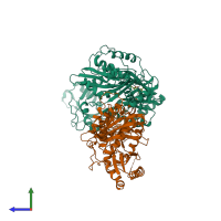 PDB entry 3irx coloured by chain, side view.
