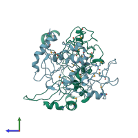 PDB entry 3is6 coloured by chain, side view.