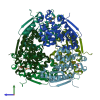 PDB entry 3isa coloured by chain, side view.