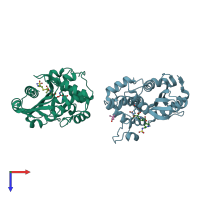 PDB entry 3isg coloured by chain, top view.