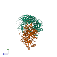 PDB entry 3isn coloured by chain, side view.