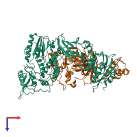 PDB entry 3isn coloured by chain, top view.