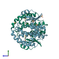 PDB entry 3iso coloured by chain, side view.