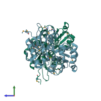 PDB entry 3ist coloured by chain, side view.