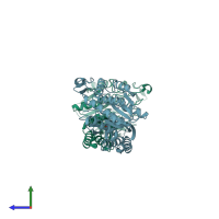 PDB entry 3isz coloured by chain, side view.
