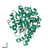 PDB entry 3itc coloured by chain, side view.