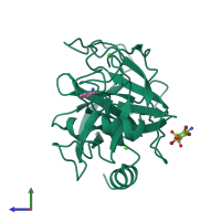 PDB entry 3iti coloured by chain, side view.