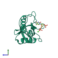 PDB entry 3itp coloured by chain, side view.