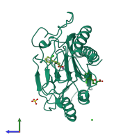 PDB entry 3iu7 coloured by chain, side view.