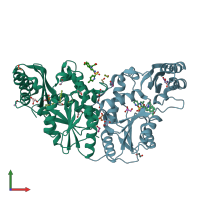 PDB entry 3iue coloured by chain, front view.