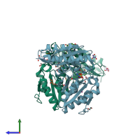 PDB entry 3iue coloured by chain, side view.