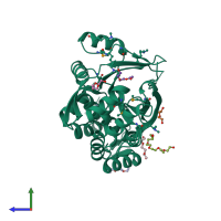 PDB entry 3iuz coloured by chain, side view.