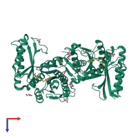 Homo dimeric assembly 1 of PDB entry 3ivc coloured by chemically distinct molecules, top view.