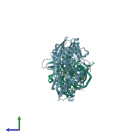 PDB entry 3ivd coloured by chain, side view.
