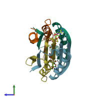 PDB entry 3iwc coloured by chain, side view.