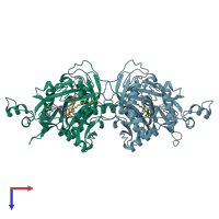 PDB entry 3iwe coloured by chain, top view.