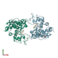 PDB entry 3iwr coloured by chain, front view.
