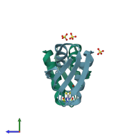 PDB entry 3iwx coloured by chain, side view.