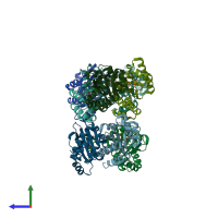 PDB entry 3ix4 coloured by chain, side view.