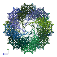 PDB entry 3izm coloured by chain, side view.