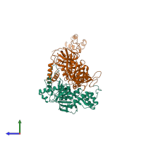 PDB entry 3izq coloured by chain, side view.