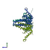 PDB entry 3j2v coloured by chain, side view.