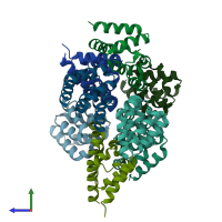 PDB entry 3j6j coloured by chain, side view.