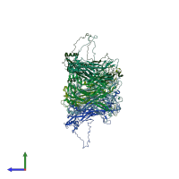 PDB entry 3j6r coloured by chain, side view.