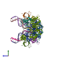 PDB entry 3jca coloured by chain, side view.