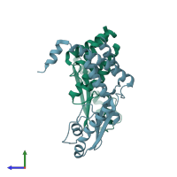 PDB entry 3jsb coloured by chain, side view.