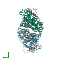 PDB entry 3jsu coloured by chain, side view.