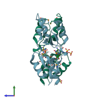 PDB entry 3jtf coloured by chain, side view.