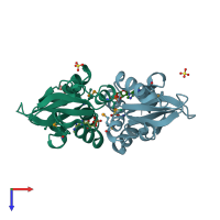 PDB entry 3jtf coloured by chain, top view.