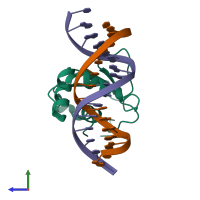 PDB entry 3jtg coloured by chain, side view.