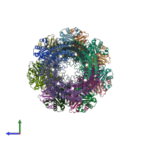 PDB entry 3jtl coloured by chain, side view.