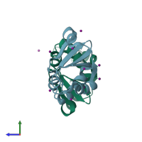 PDB entry 3jtn coloured by chain, side view.
