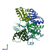 PDB entry 3jto coloured by chain, side view.